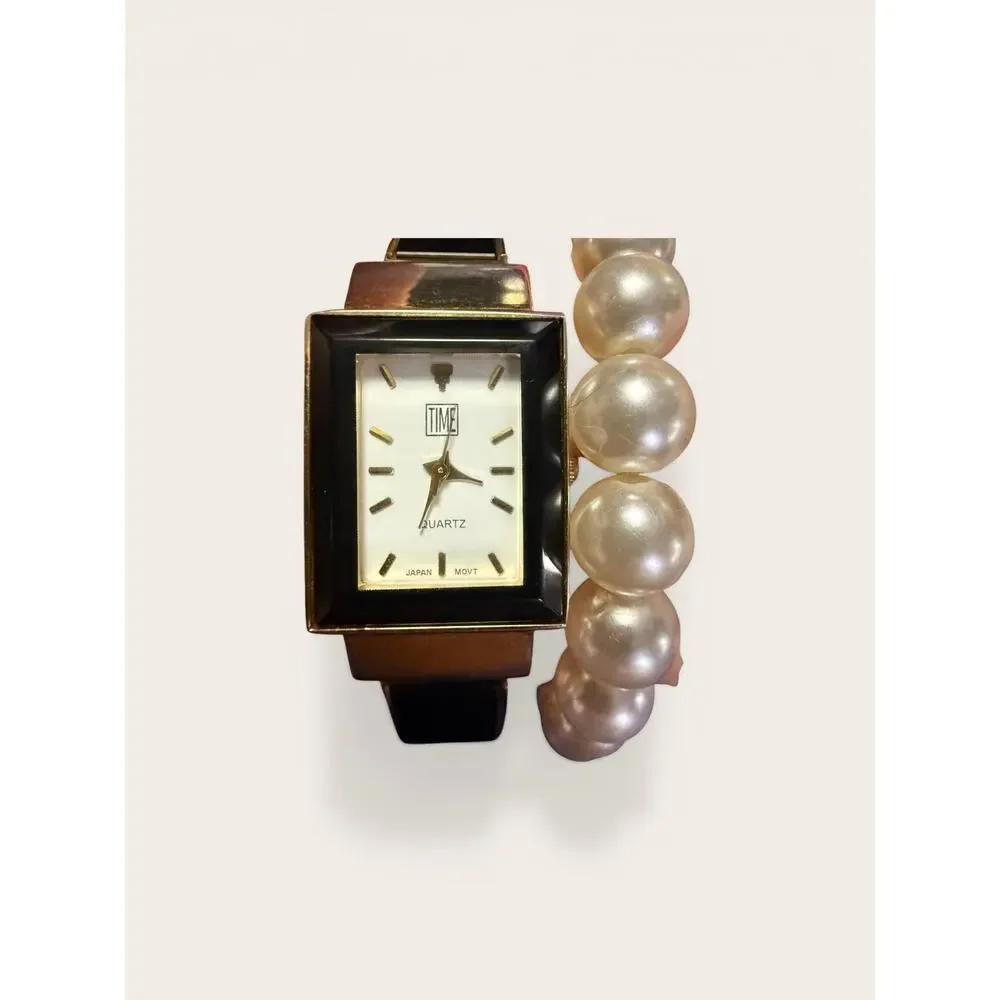 Vintage TIME Watch & Faux Pearl Bracelet Set Gold Cuff Quartz